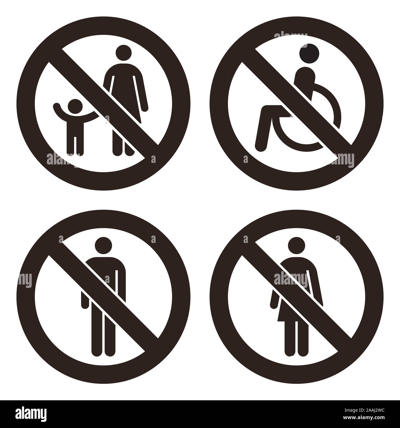 Le parent et l'enfant signe, pas d'handicapés admis signe, aucun homme, aucune femme signe signe. Enseignes interdites isolé sur fond blanc Banque D'Images