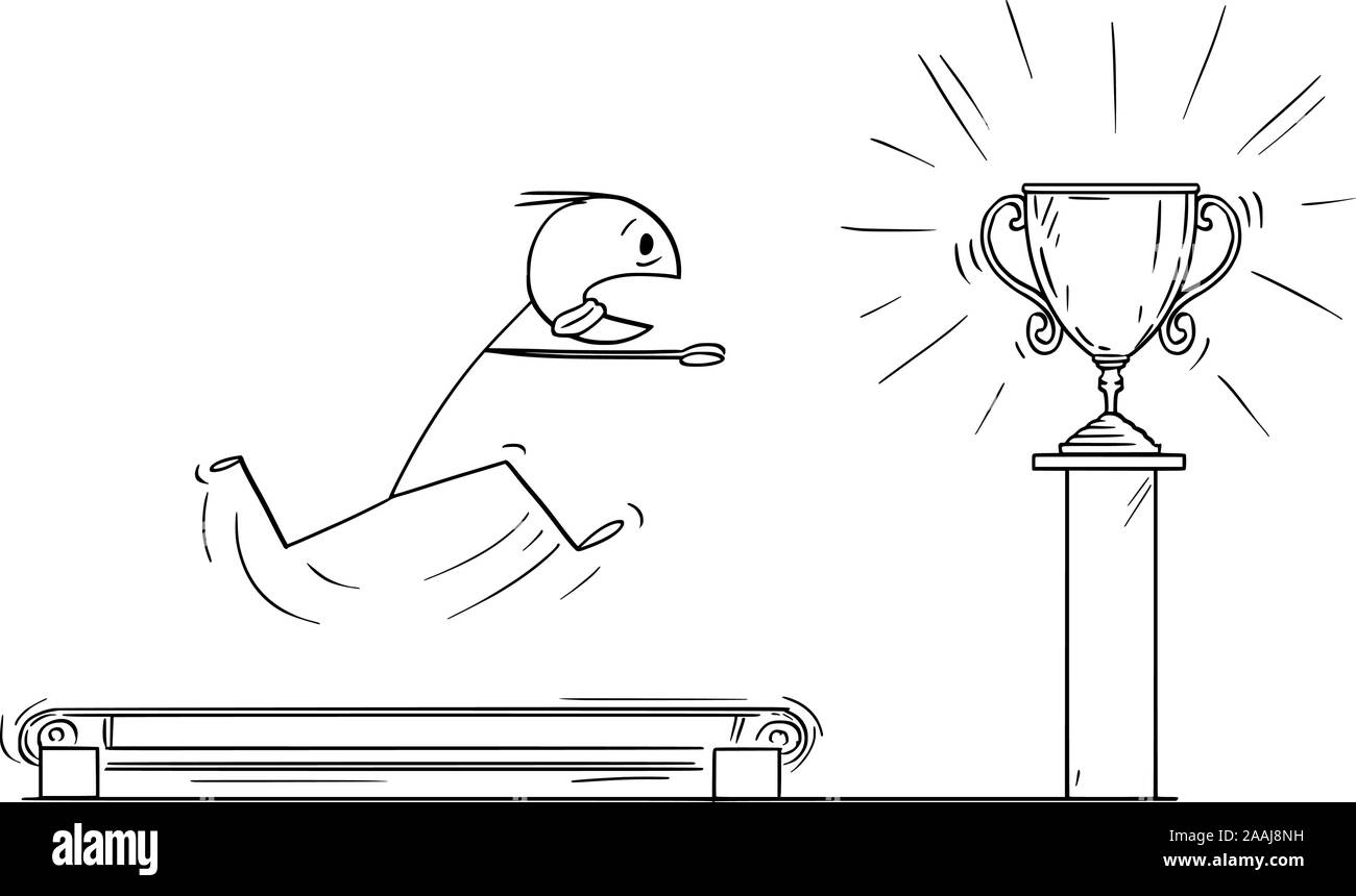 Vector cartoon stick figure dessin illustration conceptuelle de l'homme ou homme d'exécution sur le tapis roulant d'essayer d'atteindre le succès trophée. Concept d'effort désespéré. Illustration de Vecteur