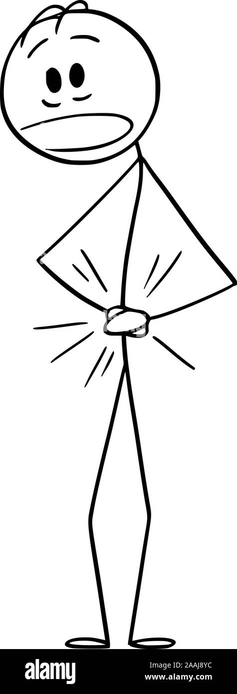 Vector cartoon stick figure dessin illustration conceptuelle de l'homme souffrant de douleur et tenant son ventre. Illustration de Vecteur