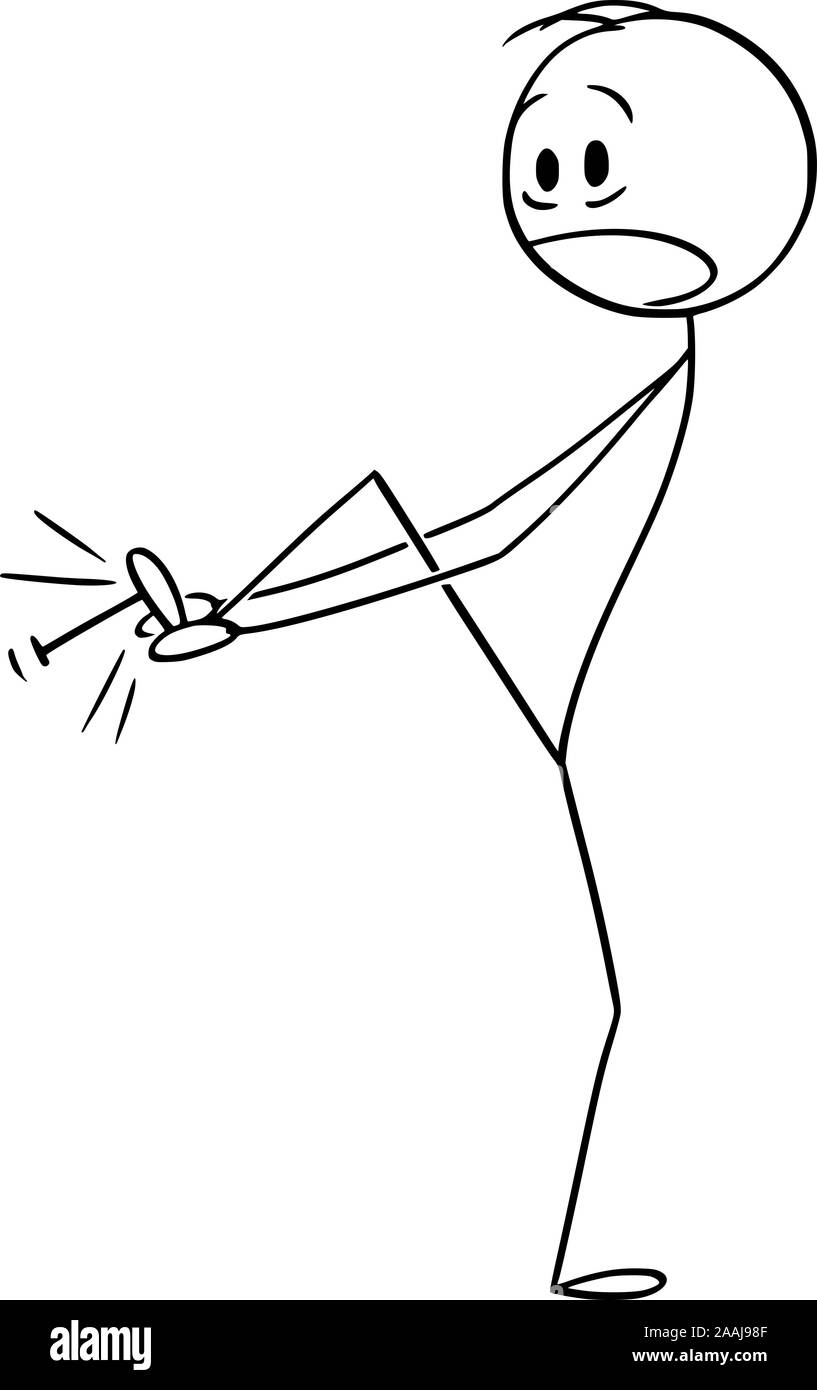 Vector cartoon stick figure dessin illustration conceptuelle de l'homme blessé souffrant de la douleur lorsque l'étape sur l'ongle avec son pied. Illustration de Vecteur