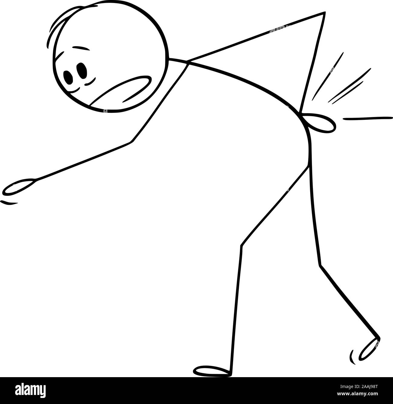 Vector cartoon stick figure dessin illustration conceptuelle de l'homme souffrant de douleur ou de dos et tenant son dos blessé. Illustration de Vecteur