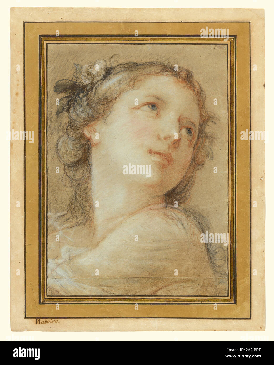 Chef d'une bacchante ; Charles-Joseph Natoire (Français, 1700 - 1777) ; 1741 ; noir et craie rouge, rehaussée de craie blanche et bleu et rose pastel sur papier bleu-gris ; 32,7 x 23,5 cm (12 7/8 x 9 1/4 in.) Banque D'Images