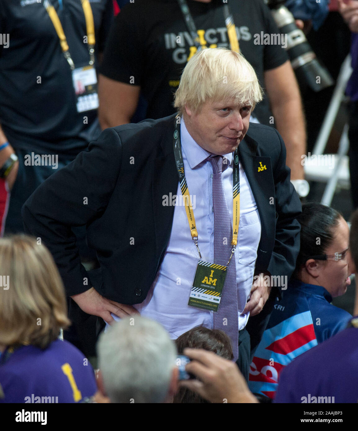 Le prince Harry et Boris Johnson regardant le rugby en fauteuil roulant dans le Copperbox à l'arène olympique est de Londres sur la deuxième journée de l'Invictus jeux. Septembre 2014 Banque D'Images