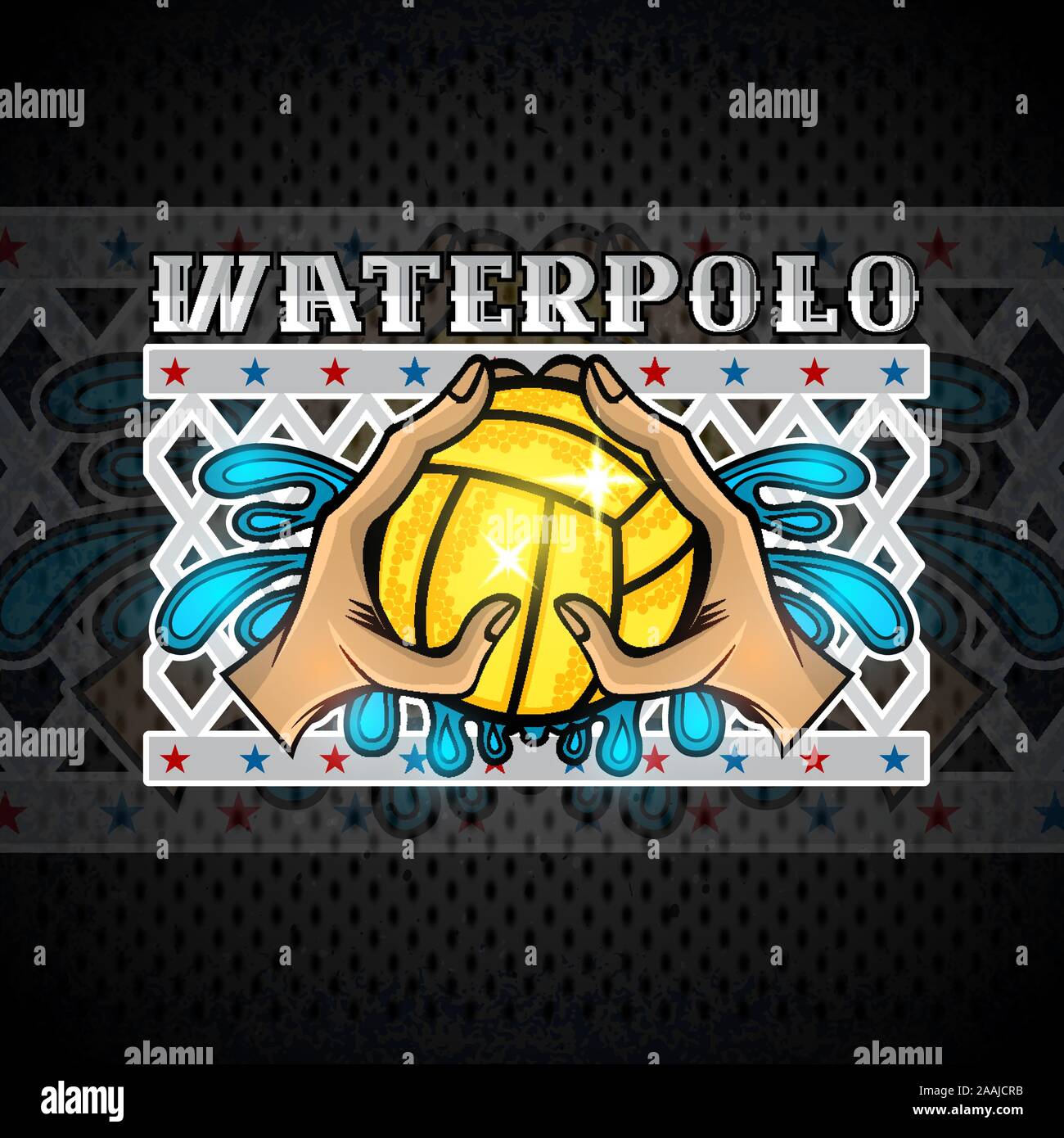 Tenir la main deux balle de water-polo et les éclaboussures d'eau et filet derrière. Le sport vecteur logo sur tableau noir pour toute équipe ou de la femme Illustration de Vecteur