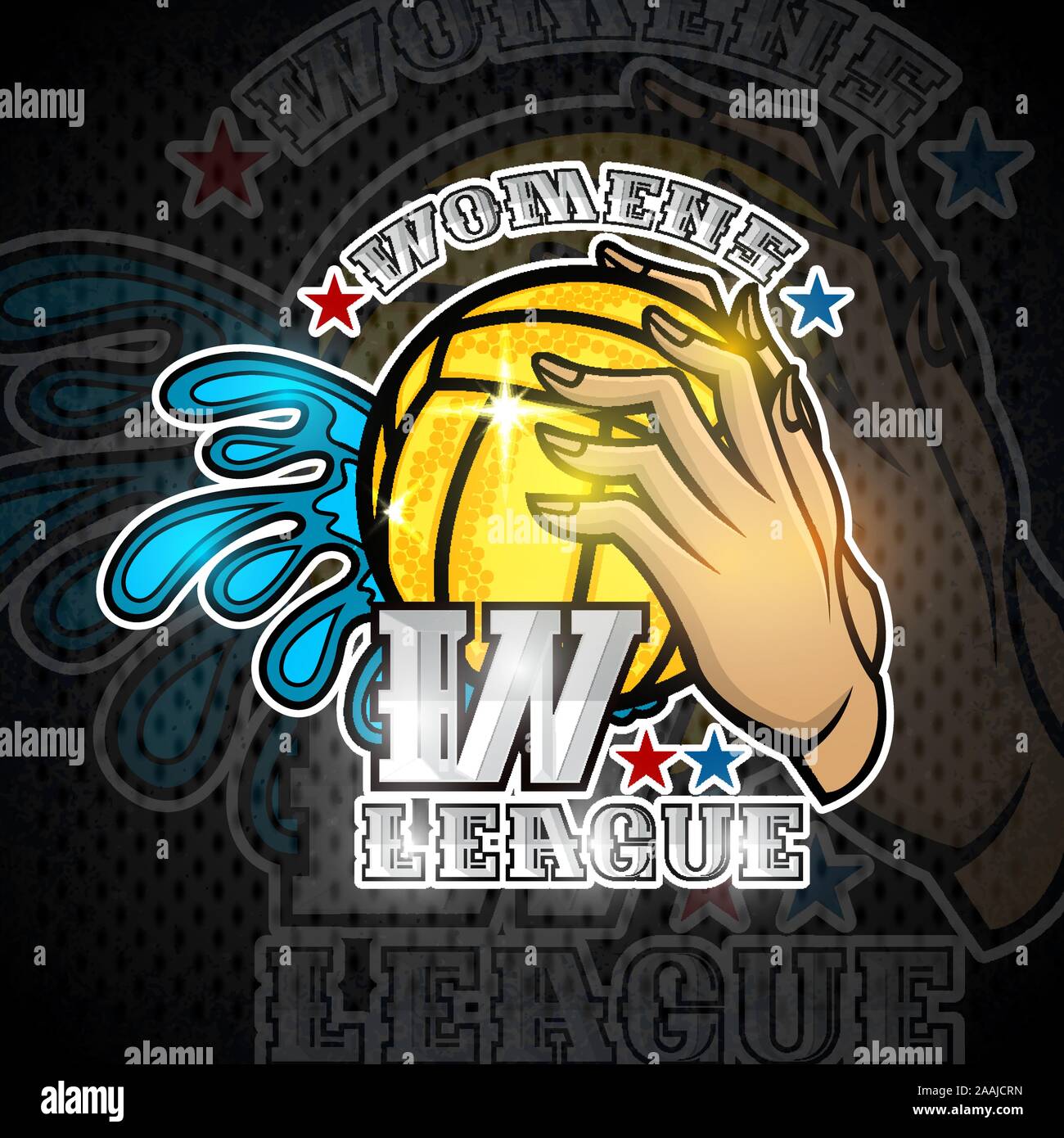 Tenir la main deux balle de water-polo et les éclaboussures d'eau. Le sport vecteur logo sur tableau noir pour toute équipe ou de la femme Illustration de Vecteur