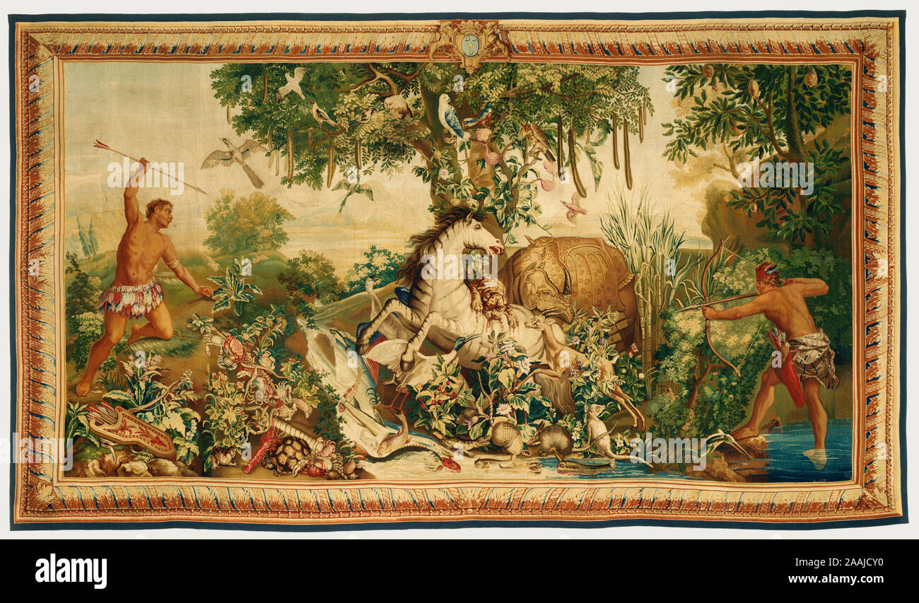 La tapisserie : Cheval rayé de l'ancienne série des Indes ; tissée à manufacture royale des Meubles de la Couronne à la Manufacture des Gobelins (Français, fondée 1662 - présent), après un dessin peint par Albert Eckhout (Néerlandais, environ 1610 - 1665), et Frans Post (Néerlandais, 1612 - 1680), et retouchées par Jean-Baptiste Monnoyer (Français, 1636 - 1699), Jean-Baptiste Belin de Fontenay (Français, 1653 - 1715), René-Antoine Houasse (Français, environ 1644/1645 - 1710), François Bonnemer (Français, 1637 - 1689), les ajouts ultérieurs de Alexandre-François Desportes (Français, 1661 - 1743) ; Paris, France ; environ 1692 - 1730 Banque D'Images