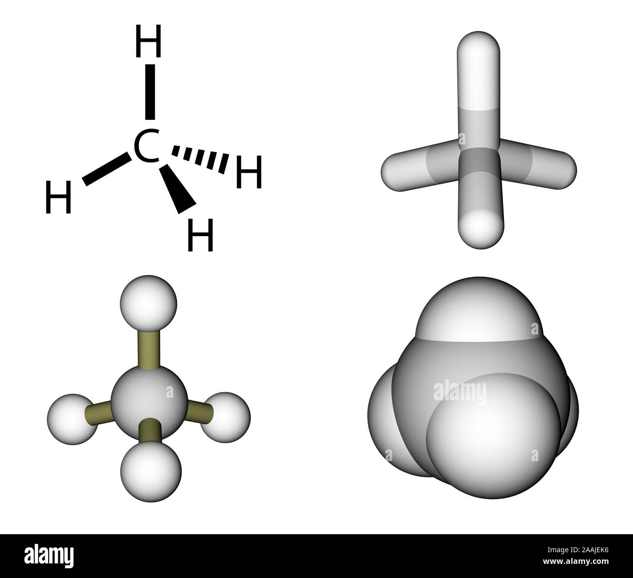 Le méthane formule de structure et modèles moléculaires isolé sur fond blanc Banque D'Images