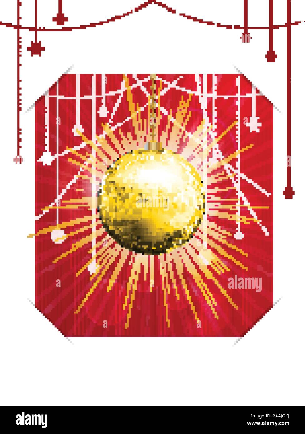Carte de Noël avec des décorations de fête disco Ball doré sur fond texturé rouge en attente copie vierge blanc Carte de l'espace Illustration de Vecteur