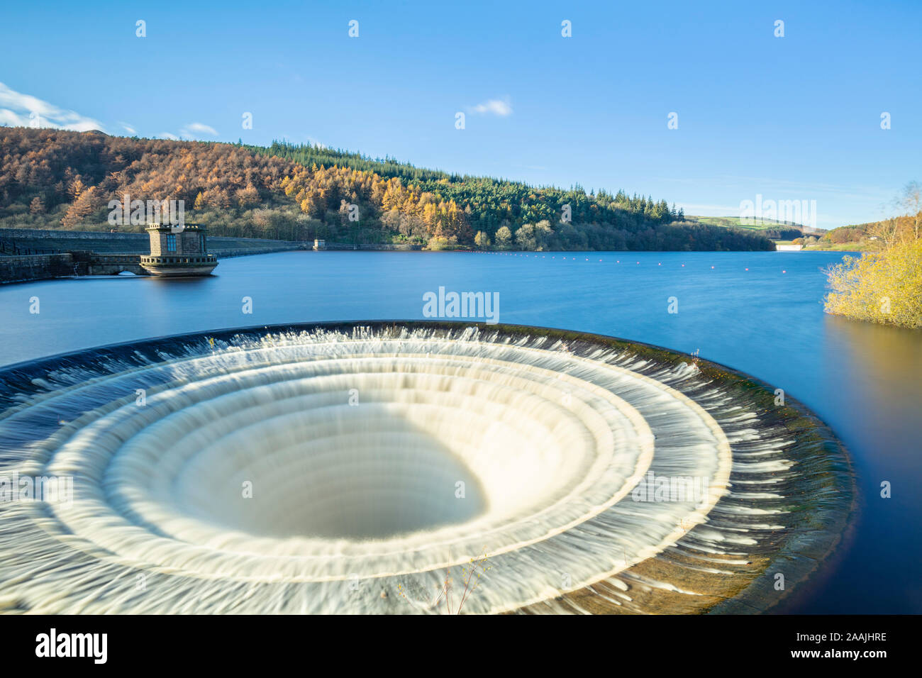 Ladybower Reservoir overflow overflow cloche bell-bouche évacuateur de Ladybower reservoir Derbyshire Peak District National Park Derbyshire, Angleterre, Royaume-Uni Banque D'Images