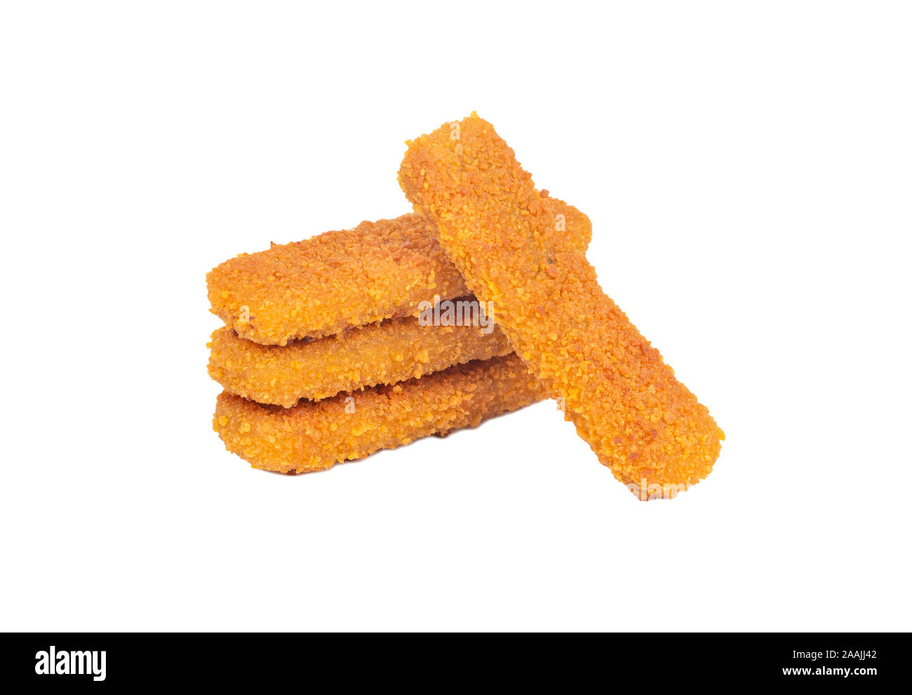 Bâtonnets de poisson frit à la pâte sur un fond blanc Banque D'Images
