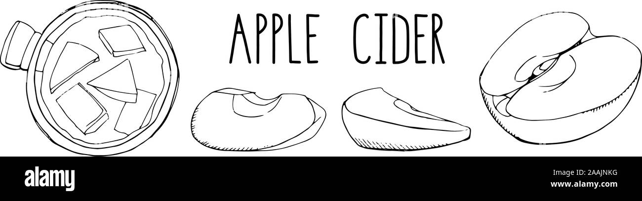 Ensemble d'éléments du vecteur dessiné à la main isolé sur blanc. Cidre de pomme aux épices et fruits isolé sur blanc. Boissons alcoolisées d'hiver populaire. Ch Illustration de Vecteur