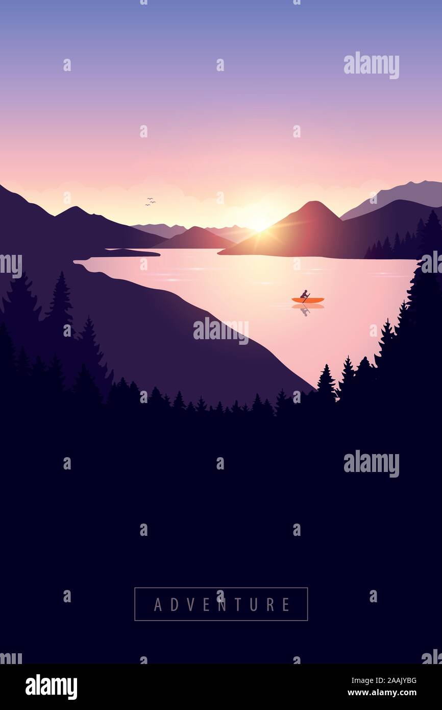 Canot solitaire avec orange voile au lever du soleil sur la rivière illustration vecteur EPS10 Illustration de Vecteur