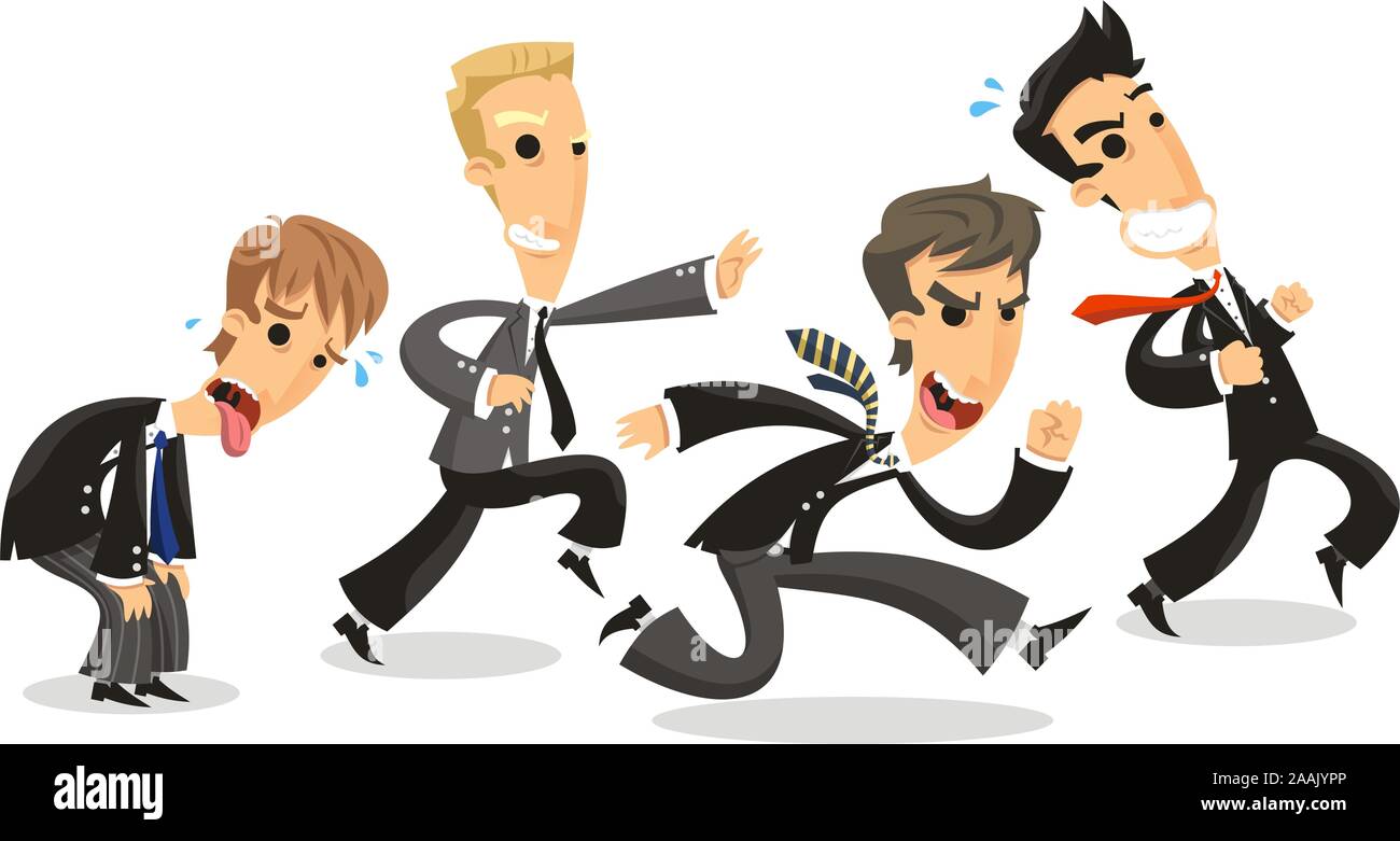 4 hommes habillés d'affaires officielles avec élégant costume et cravate, l'exécution d'entreprise bataille face. Vector illustration cartoon. Illustration de Vecteur