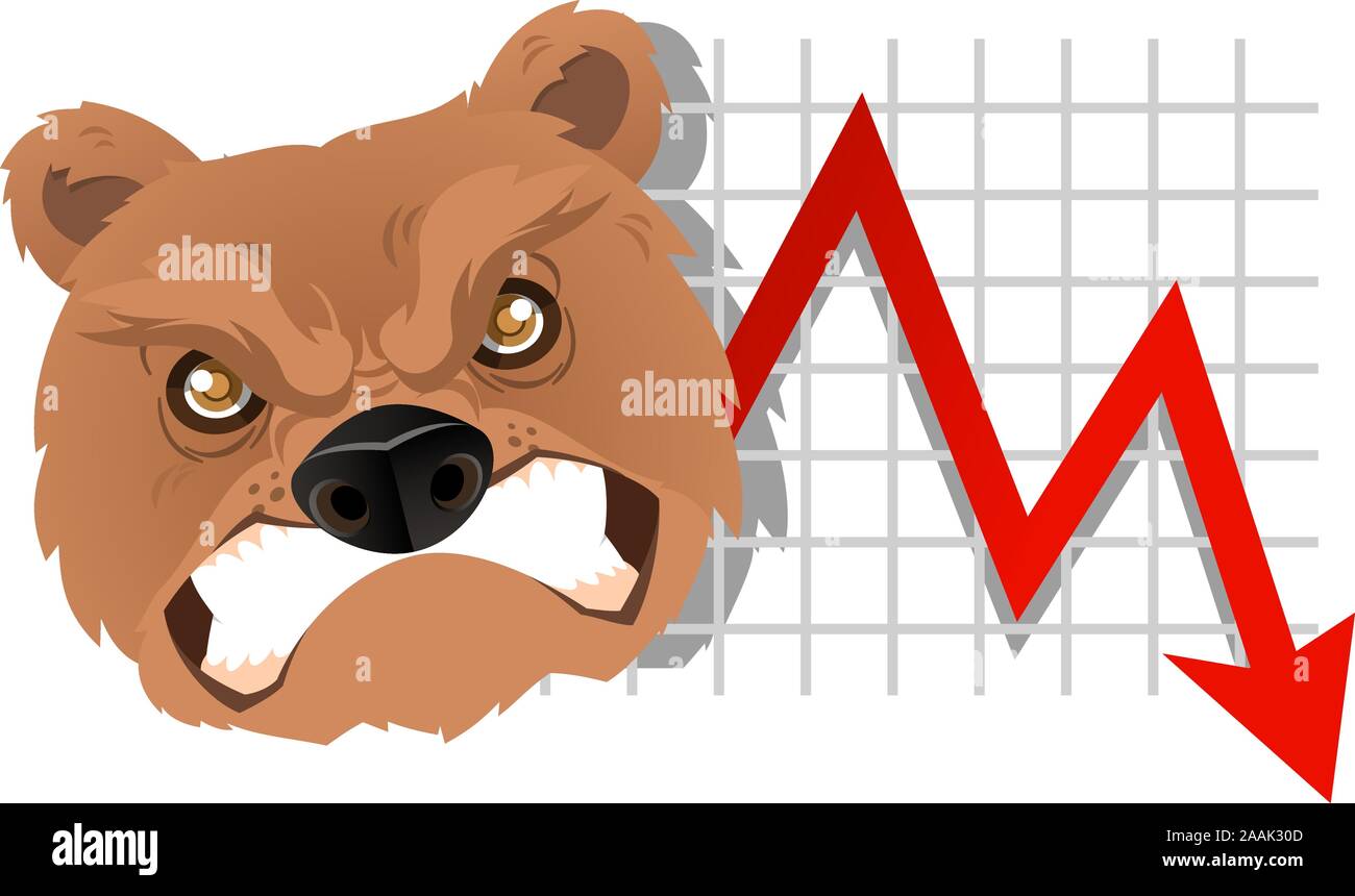 L'analyse de l'ours furieux descendre graphique illustration vectorielle. Avec flèche rouge, flèche grise et les pièces d'or. Illustration de Vecteur
