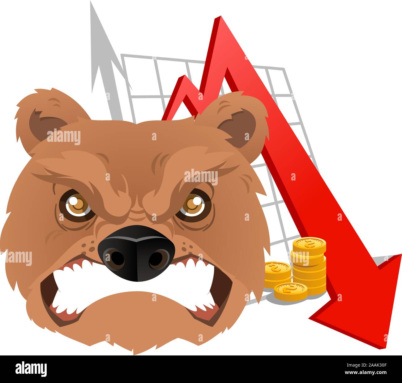 L'analyse de l'ours furieux descendre graphique illustration vectorielle. Avec flèche rouge, flèche grise et les pièces d'or. Illustration de Vecteur