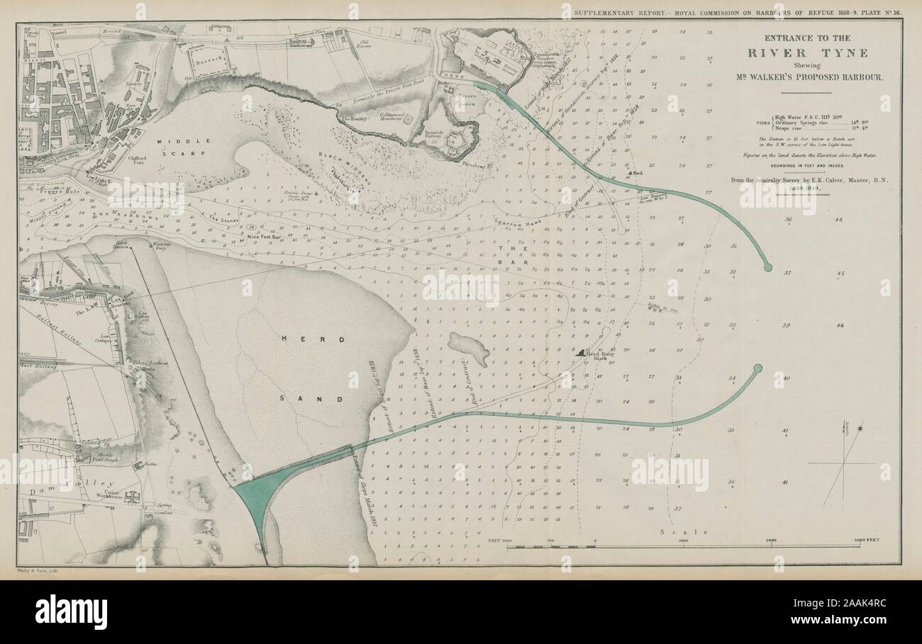 Tynemouth a proposé des brise-lames. Walker. Port. North/South Shields 1859 map Banque D'Images