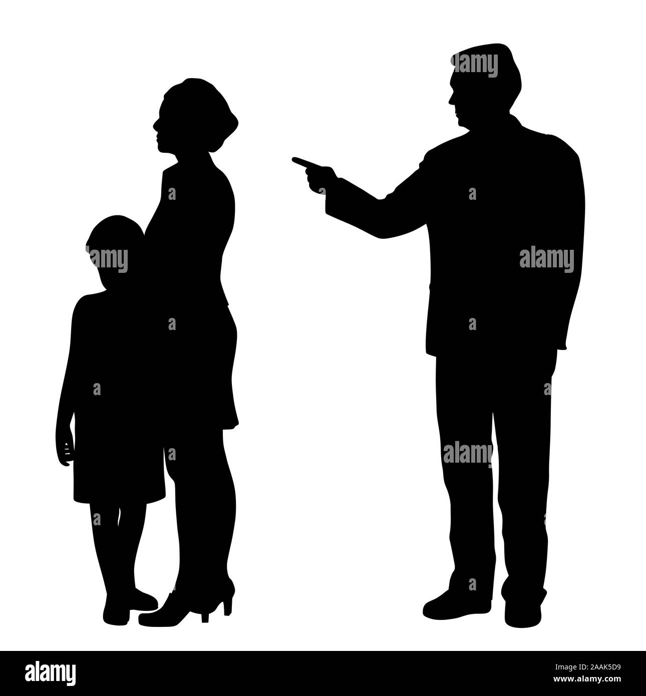 Un homme violent mari père abuser émotionnellement femme femme et enfant effrayé. La violence dans la famille concept. Parent violent père et mari. Illustration de Vecteur