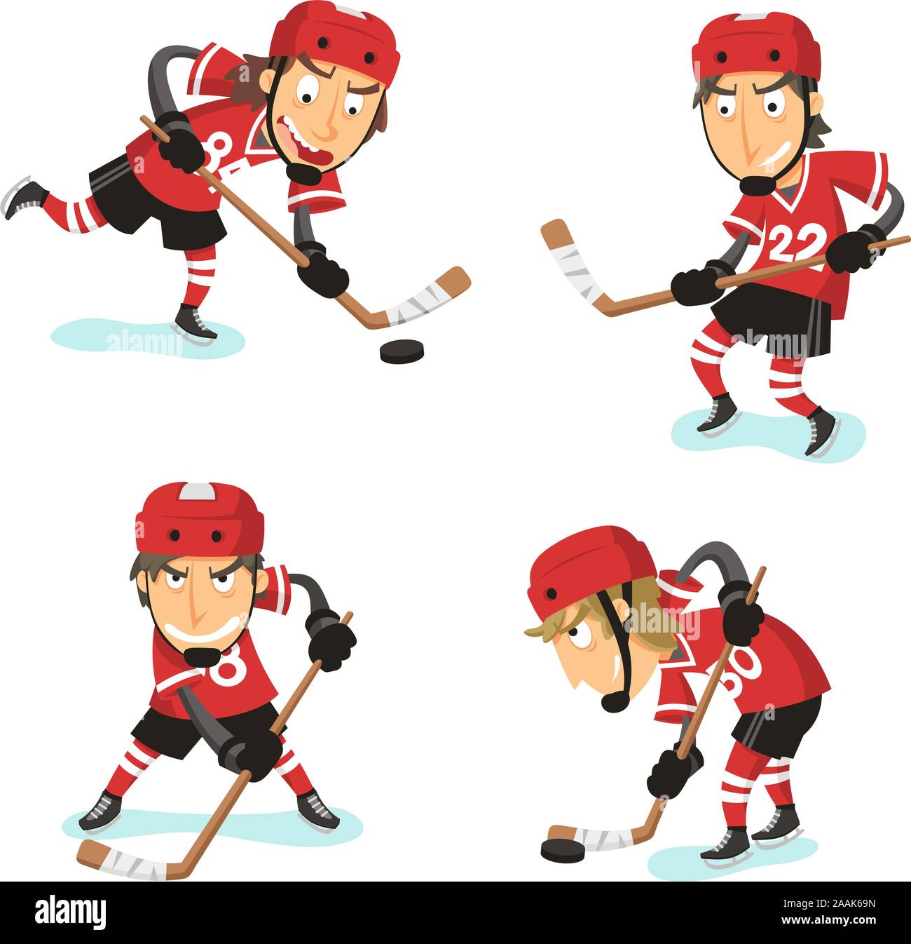 Le hockey sur glace Action définie, avec le joueur de hockey dans quatre positions différentes. Vector illustration cartoon. Illustration de Vecteur