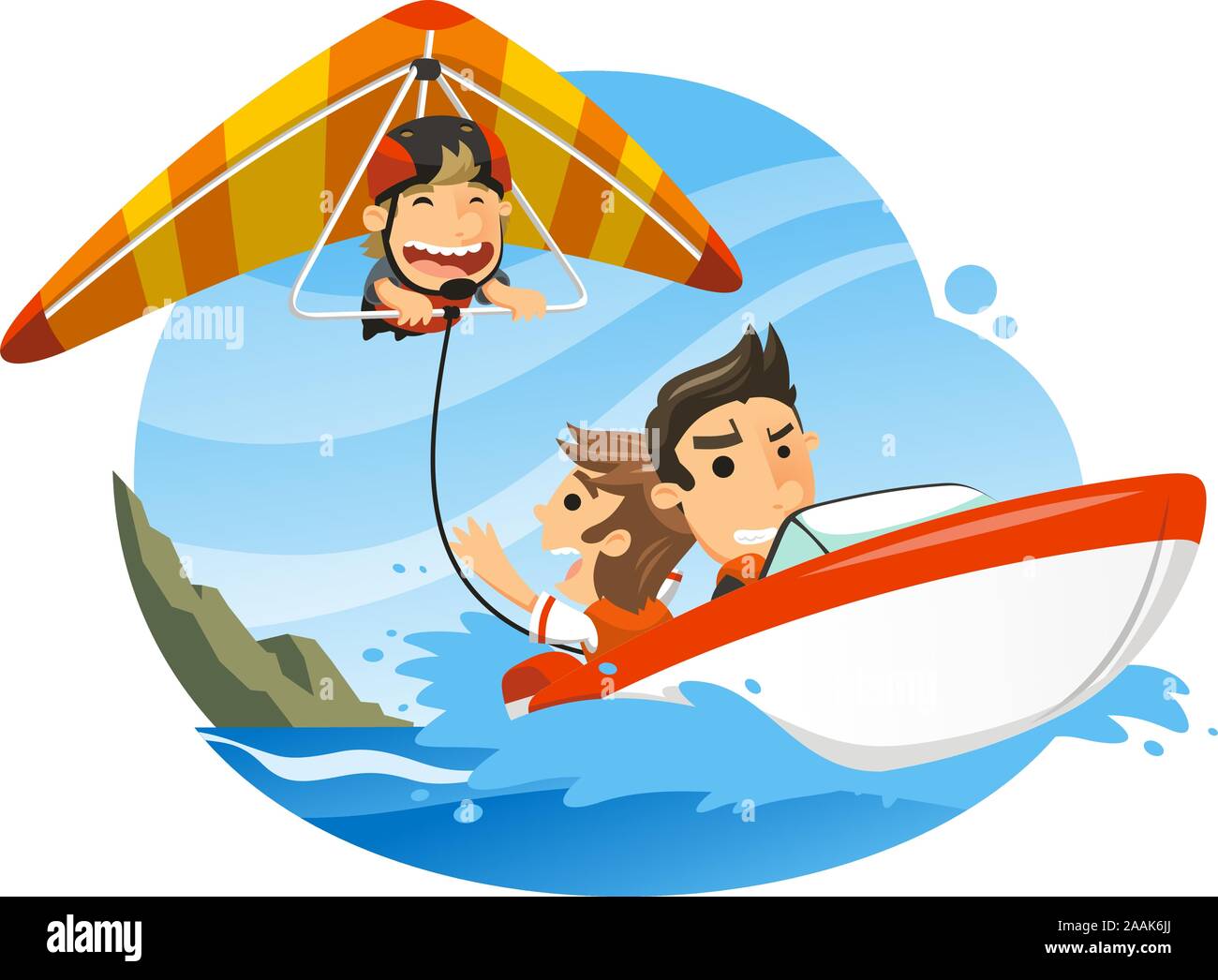 Parapente, deltaplane poussé par shore boat, vector illustration cartoon. Illustration de Vecteur