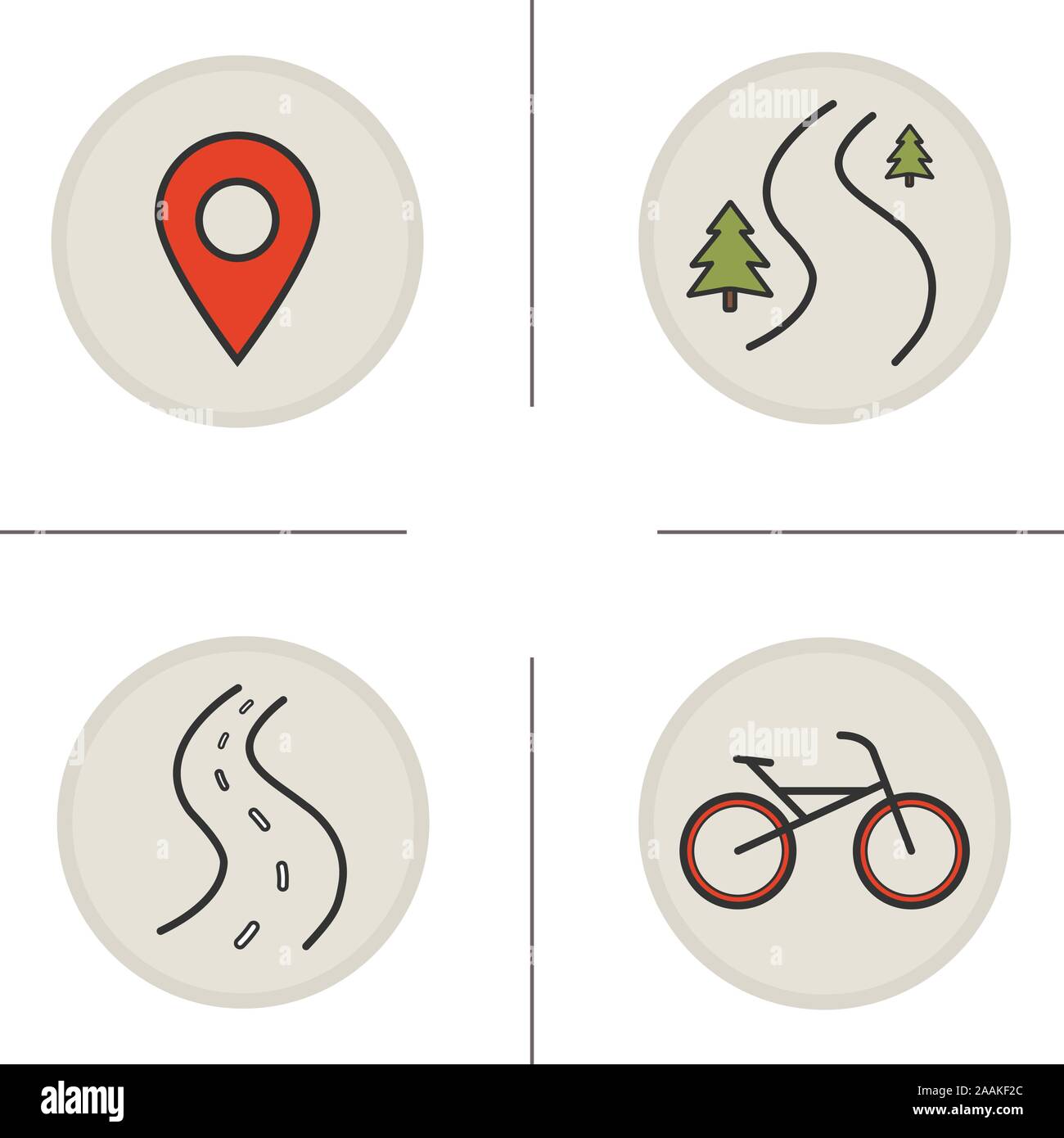 Voyage de vélo icônes couleur définie. Pinpoint, route forestière, l'autoroute et de vélo. Vector illustrations isolées Illustration de Vecteur