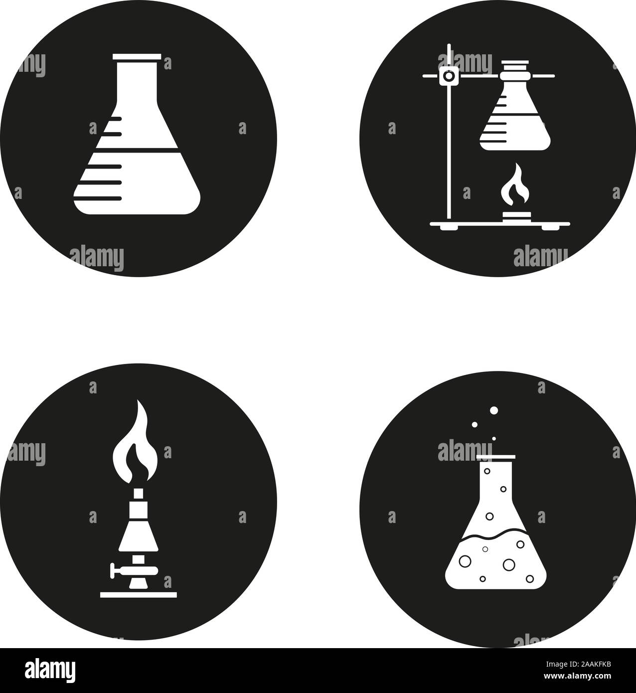 Laboratoire chimique icons set. Bécher, support à anneau avec flask, lan brûleur et réaction chimique. Vector blanc Illustrations en cercles noirs Illustration de Vecteur