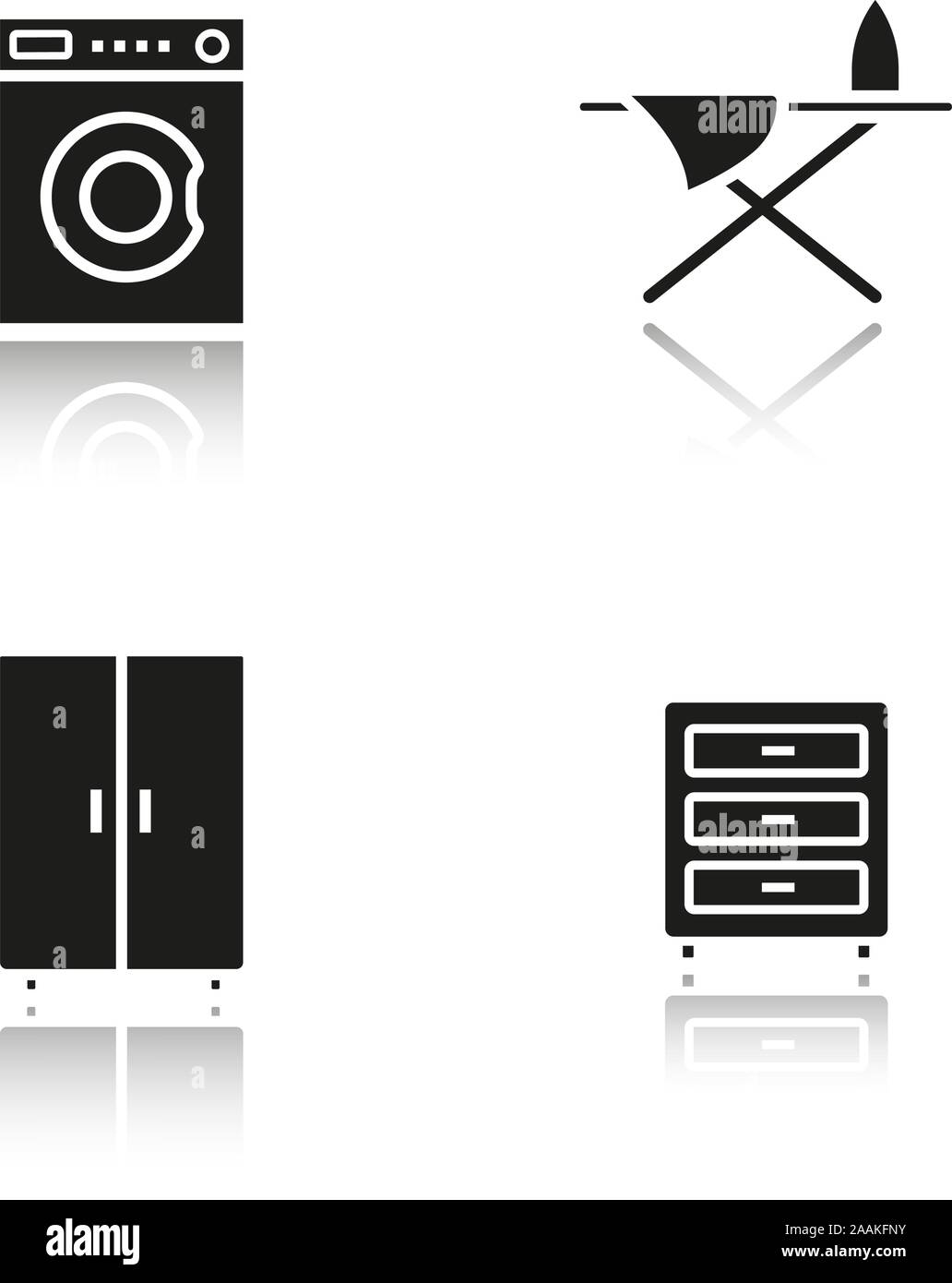 Ombre portée meubles icônes noires. Lave-linge, commode, armoire et table à repasser. Illustrations vectorielles Illustration de Vecteur