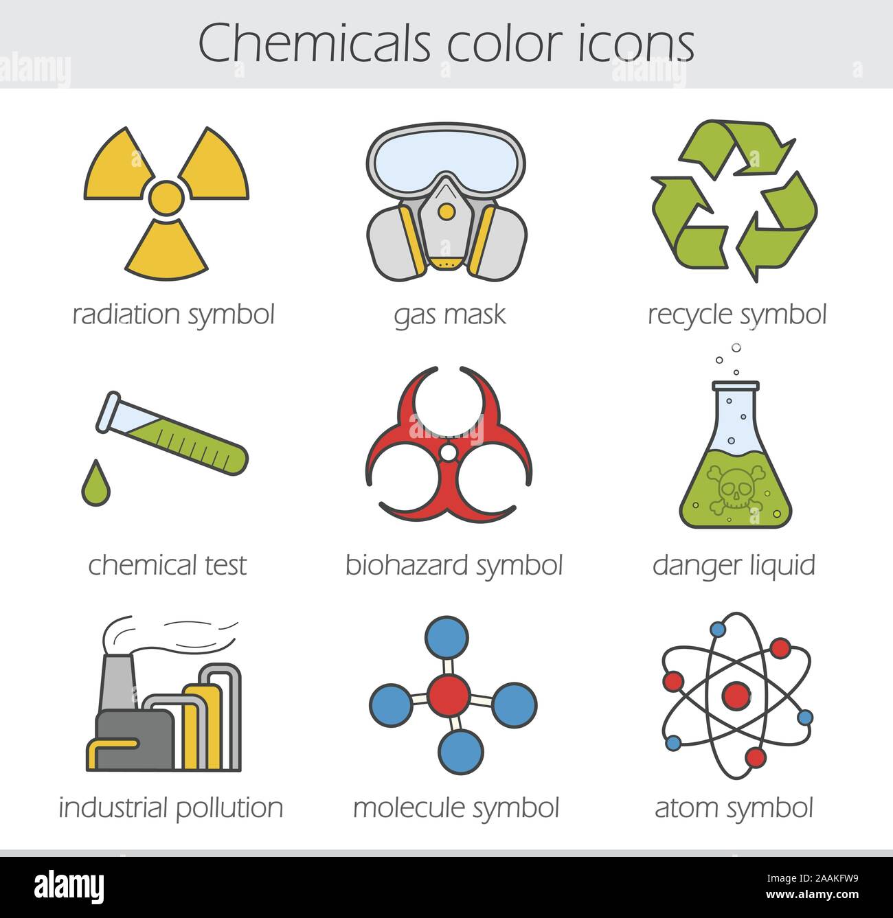 L'industrie chimique les icônes de couleur définie. Masque à gaz, symbole  de recyclage chimique, tube à essai, poison, danger de pollution de  l'usine. Biohazard, rayonnement, Atom et mole Image Vectorielle Stock -