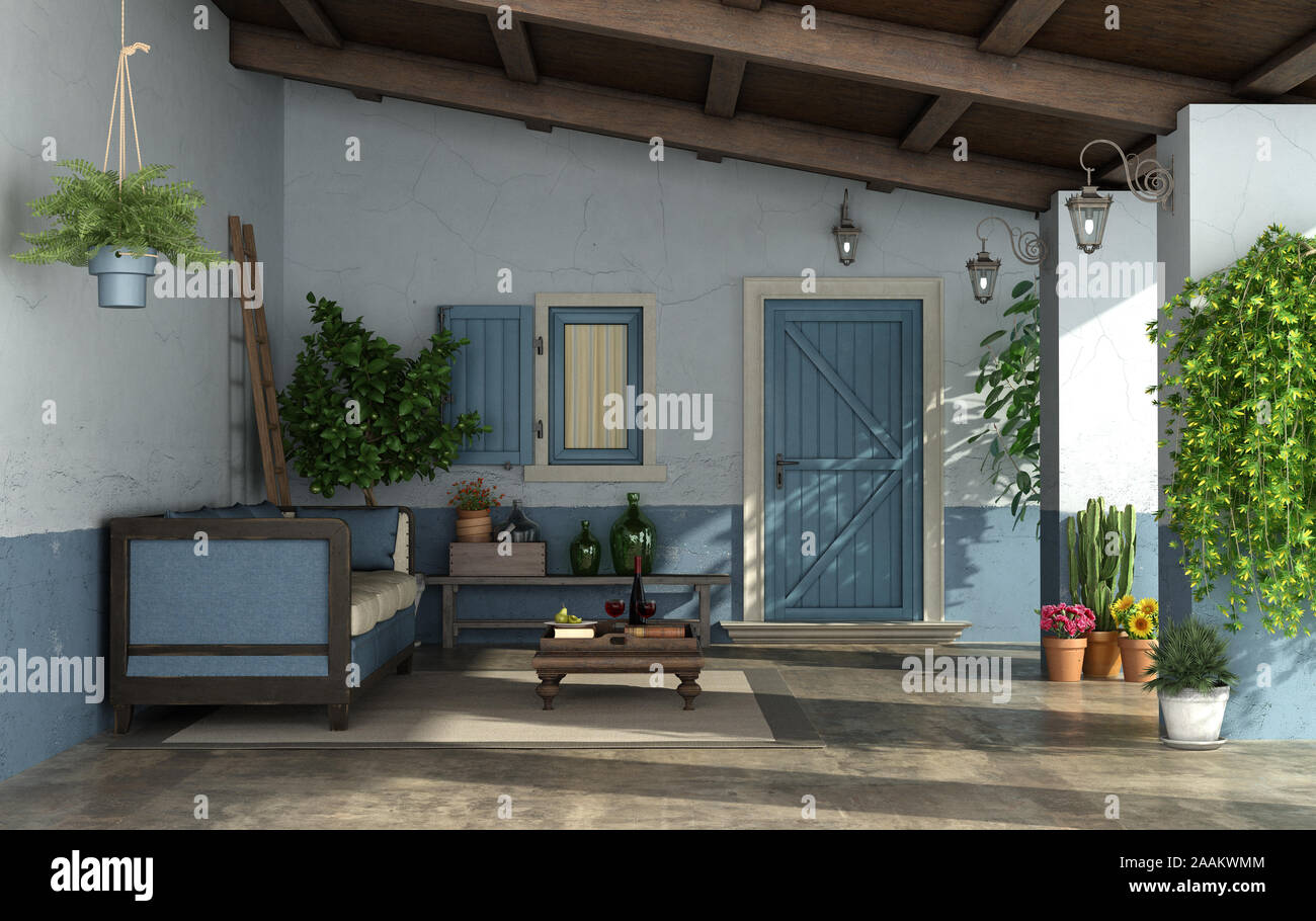 Porche de style méditerranéen avec porte avant, ,vintage canapé et vieux murs- 3D Rendering Banque D'Images