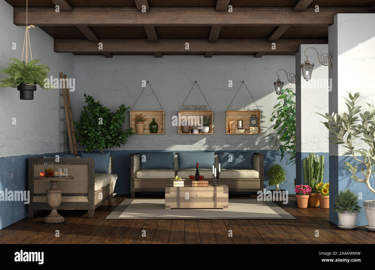Porche de style méditerranéen avec mobilier vintage,plantes et de vieux murs - rendu 3D Banque D'Images