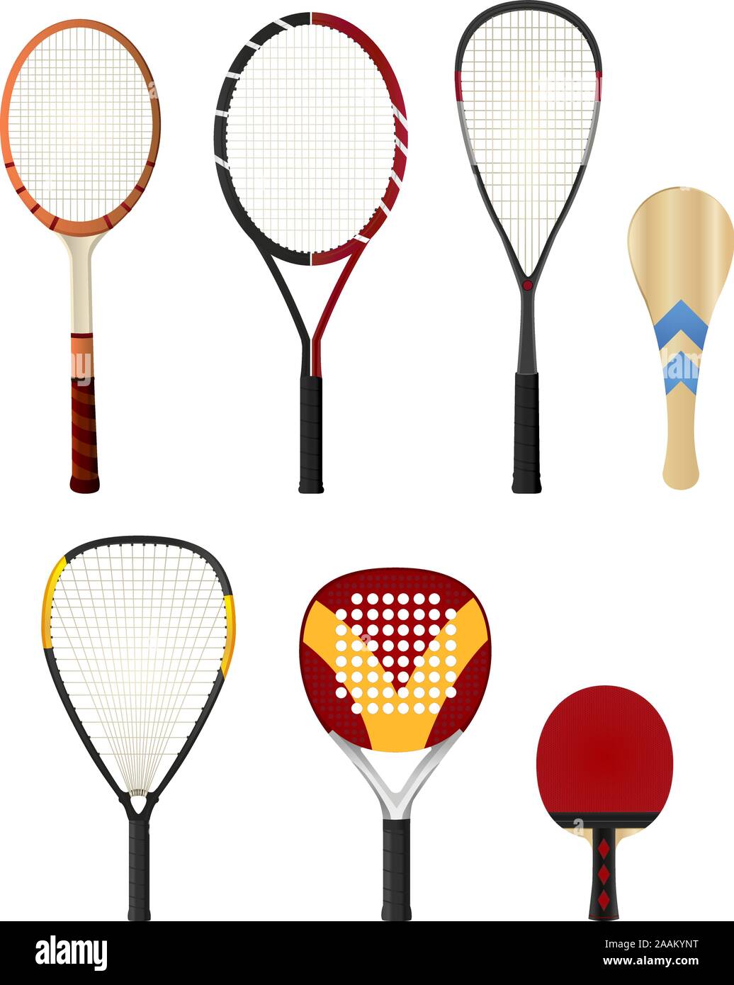 Silhouette couleur avec raquettes, raquette de tennis, raquette de squash, raquette de ping-pong, raquette paddle. Vector illustration set. Illustration de Vecteur