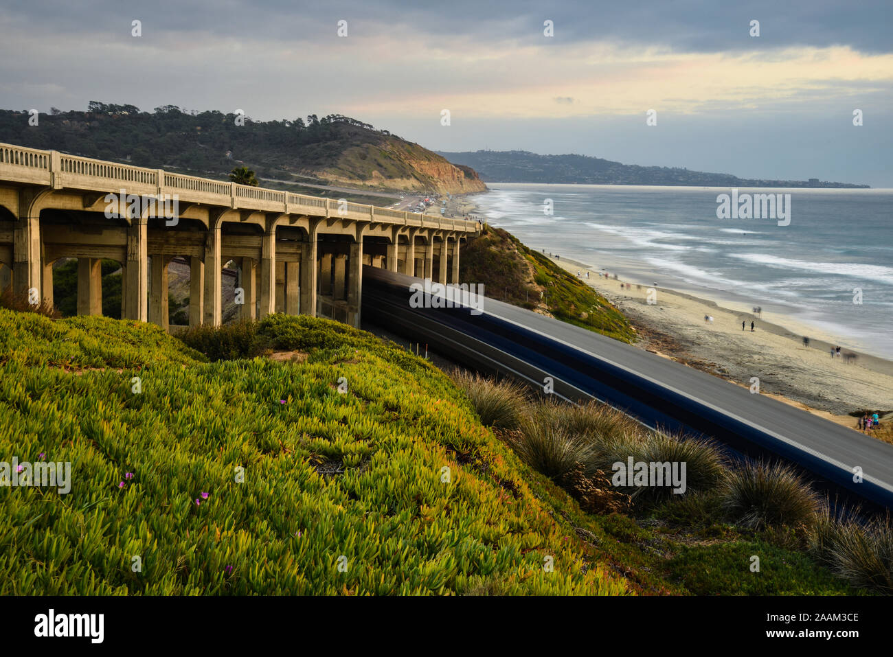 Locomotive diesel de voyageurs Amtrak circulant le long des voies de chemin de fer côtière sous le pont, Torrey Pines State Park à l'arrière, La Jolla, Californie, USA Banque D'Images