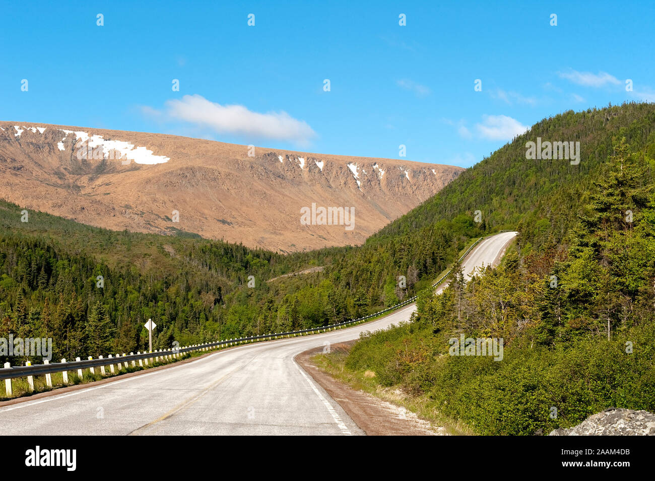 Les courbes de la route à deux voies à travers la forêt vers les Tablelands dans les monts Long Range, NL, Canada Banque D'Images