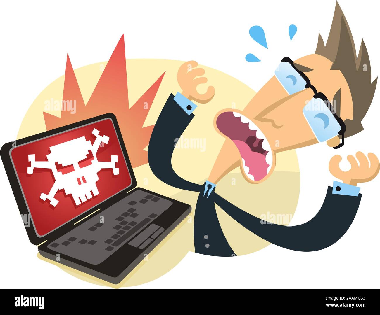 Travailleur cartoon agonie quand son ordinateur a été piraté. Illustration de Vecteur
