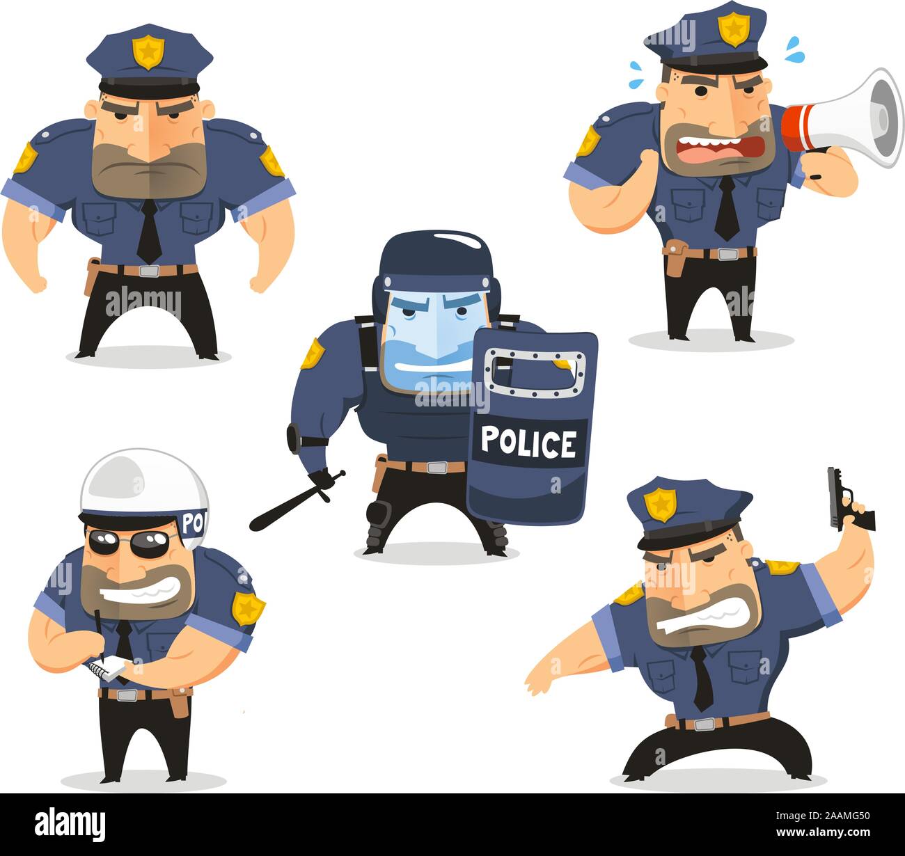 Agent de police Cop vecteur illustration, avec l'officier cinq situations différentes, comme agent de police permanent Vue avant, à parler au grand megapho Illustration de Vecteur
