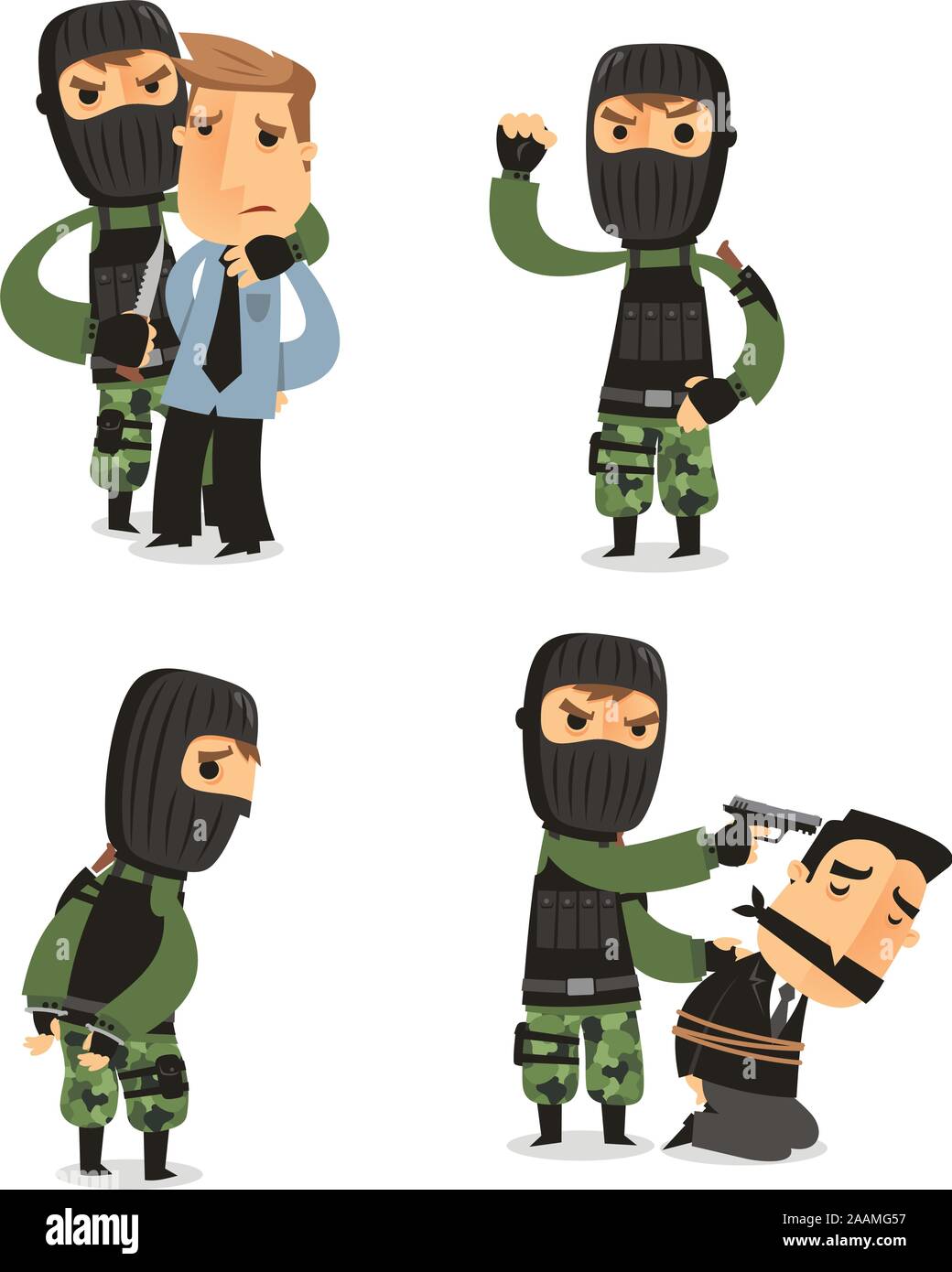 Jeu de terroristes avec des armes à feu et de masque, vêtements de camouflage avec des terroristes dans quatre situations différentes vector illustration cartoon. Illustration de Vecteur