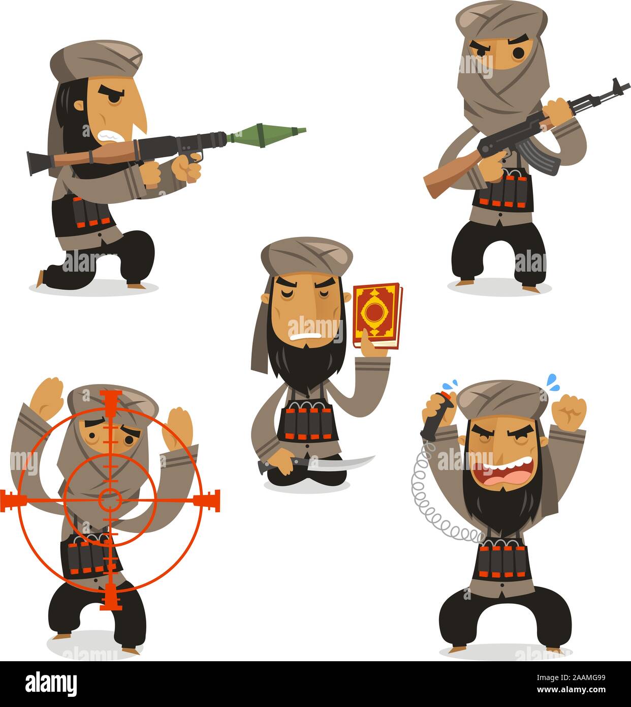 Avec terroriste islamique terroriste islamique avec mitrailleuse, terroristes islamiques d'AK 47, des armes à feu avec des terroristes islamiques coran, à la bombe terroriste islamique Illustration de Vecteur