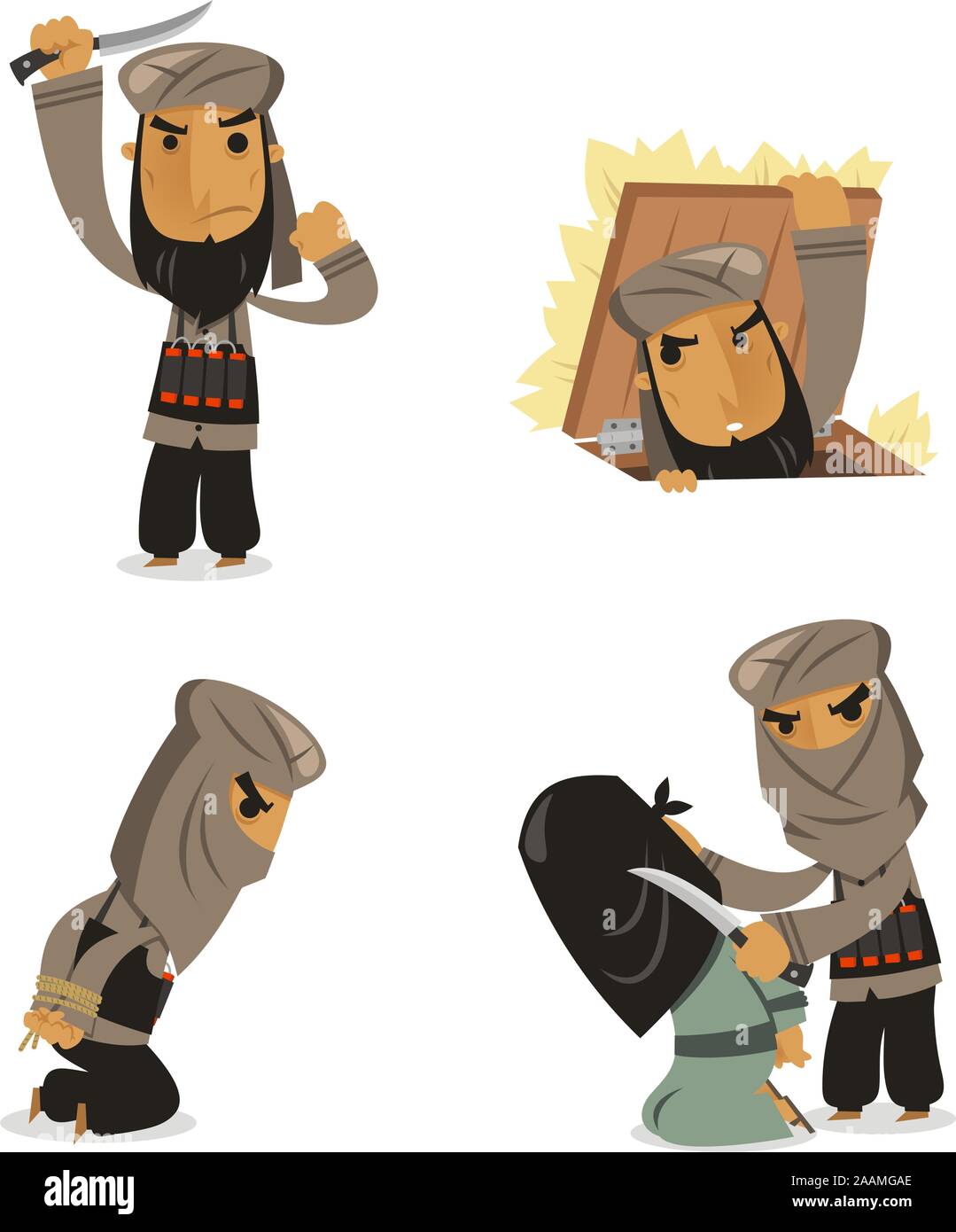 L'homme, du terrorisme islamique terroriste islamique avec dans quatre situations différentes comme, debout avec un couteau, se cachant, ligoté et enlèvements. Vector illustr Illustration de Vecteur