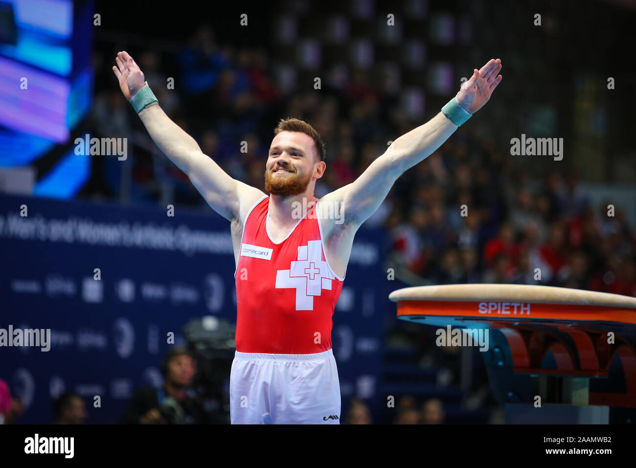 Szczecin, Pologne, le 14 avril 2019 : Benjamin Gischard de la Suisse pendant l'Championnats de gymnastique artistique Banque D'Images