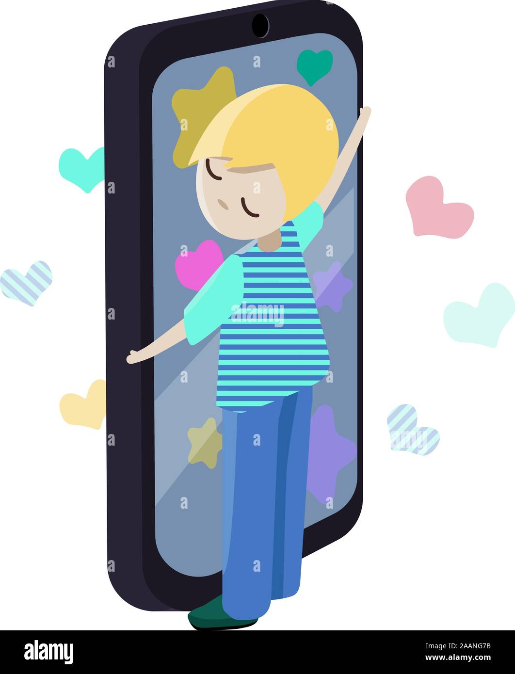 La dépendance du smartphone garçon. Un petit garçon se tient en appui sur son smartphone. L'enfant est mauvais sans un appareil et de l'Internet Illustration de Vecteur