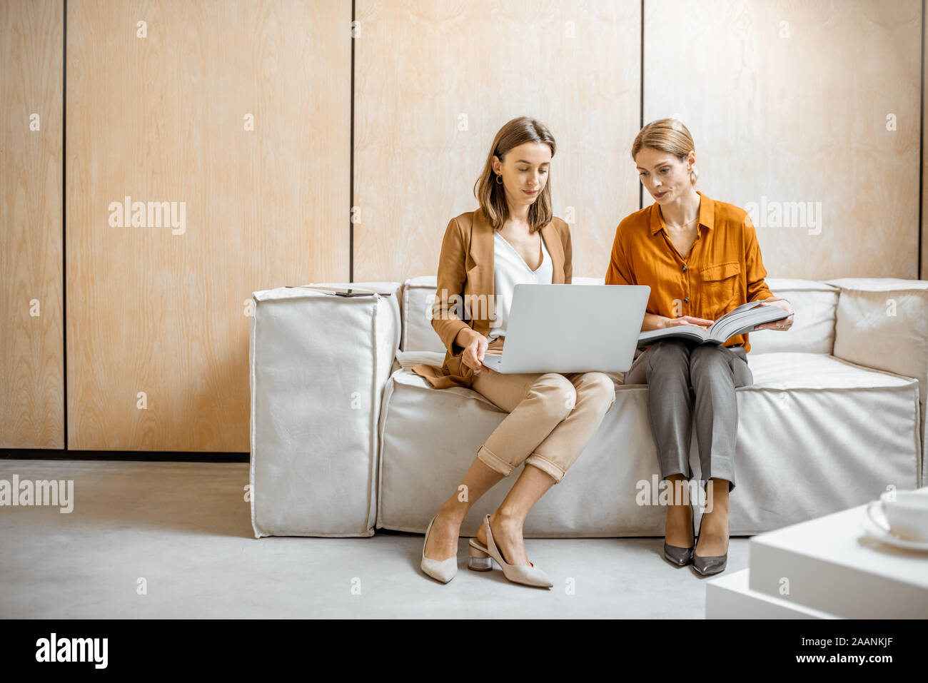 Deux collègues femmes travaillant sur ordinateur portable tout en étant assis sur le canapé à l'intérieur. Travailler en agence de commercialisation ou concept design studio Banque D'Images