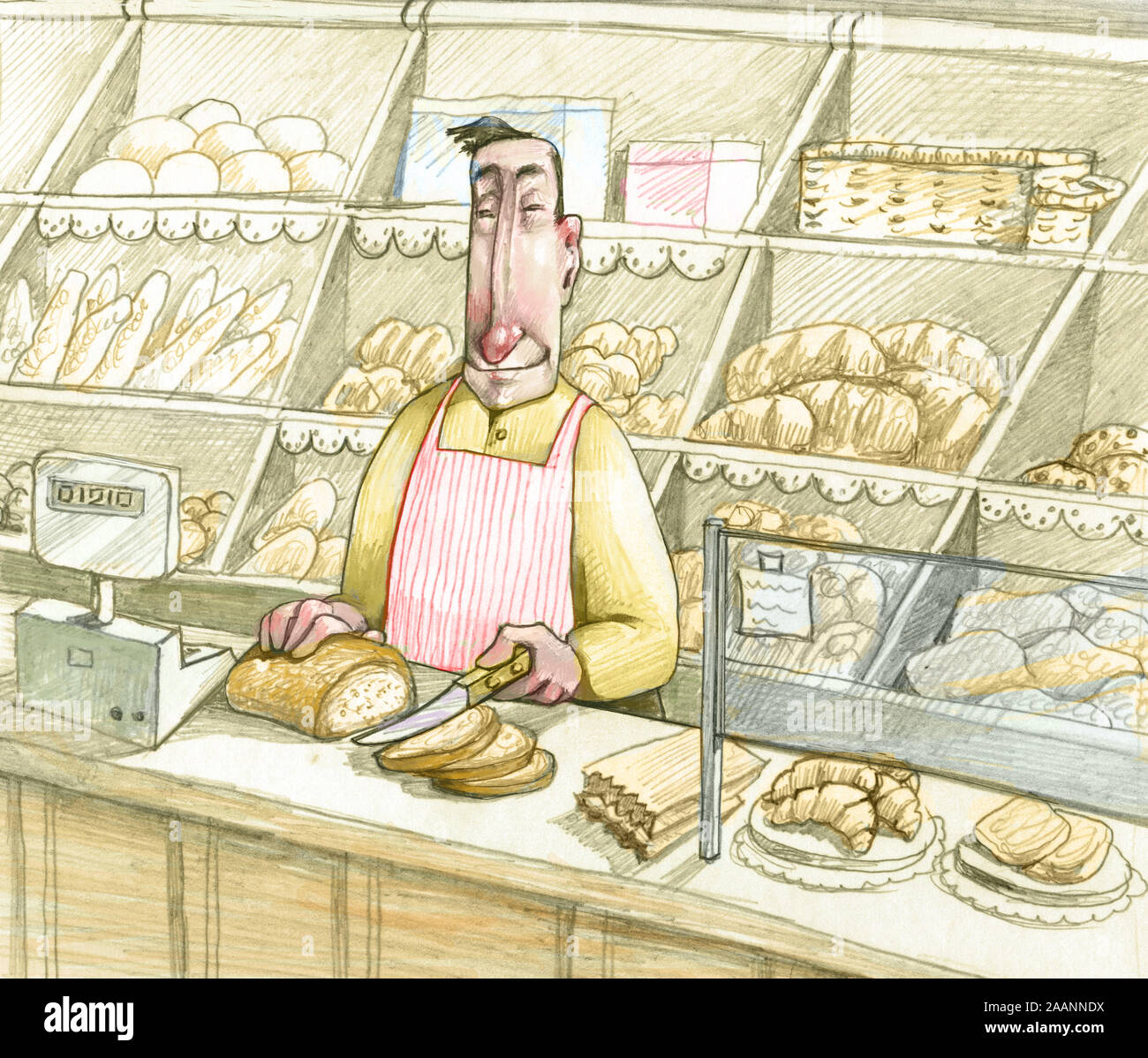 Drôle et Happy Baker le pain tranché au comptoir de sa boutique avec tant de différents types de pain Banque D'Images