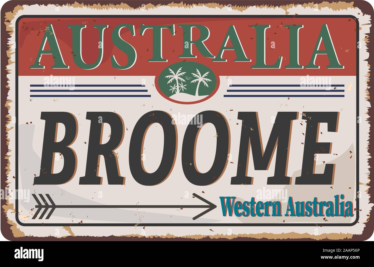 Vintage tin sign Broome, Australie occidentale. Souvenirs rétro carte postale ou des modèles sur fond rouille. Illustration de Vecteur