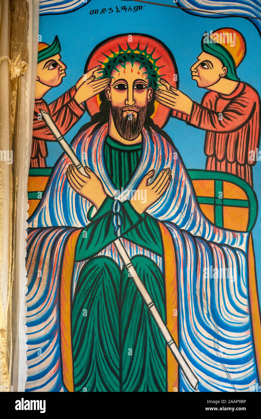 L'Éthiopie, Gamo-Gofa, Arba Minch, ancienne église orthodoxe Medhane Alem, peinture murale religieuse Banque D'Images