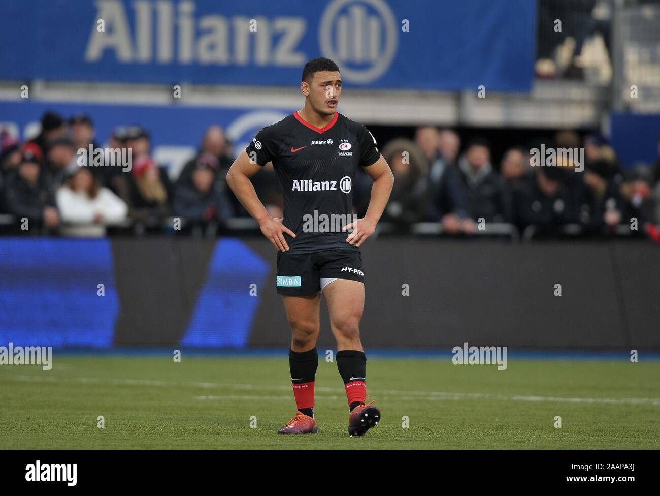 Hendon. United Kingdom. 23 novembre 2019. Manu Vunipola (sarrasins). Saracens v Ospreys. Piscine 4. Heineken Cup Champions. Deuxième (2e) tour. Allianz Park. Hendon. Londres. UK. Garry Crédit/Sport sous gaine en images/Alamy Live News. Banque D'Images
