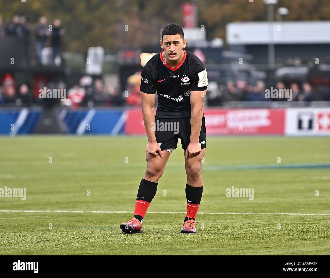 Hendon. United Kingdom. 23 novembre 2019. Manu Vunipola (sarrasins). Saracens v Ospreys. Piscine 4. Heineken Cup Champions. Deuxième (2e) tour. Allianz Park. Hendon. Londres. UK. Garry Crédit/Sport sous gaine en images/Alamy Live News. Banque D'Images