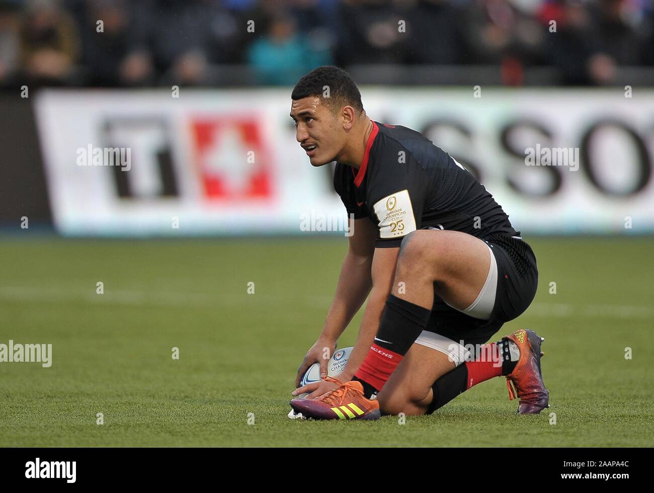 Hendon. United Kingdom. 23 novembre 2019. Manu Vunipola (sarrasins). Saracens v Ospreys. Piscine 4. Heineken Cup Champions. Deuxième (2e) tour. Allianz Park. Hendon. Londres. UK. Garry Crédit/Sport sous gaine en images/Alamy Live News. Banque D'Images