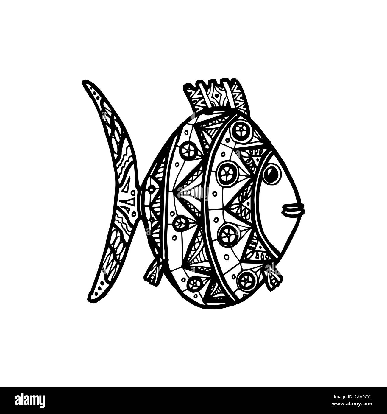 Vector illustration de poissons dessinés à la main avec motif doodle ethniques. Livre à colorier - zendala, pour la relaxation et la méditation pour les adultes Illustration de Vecteur