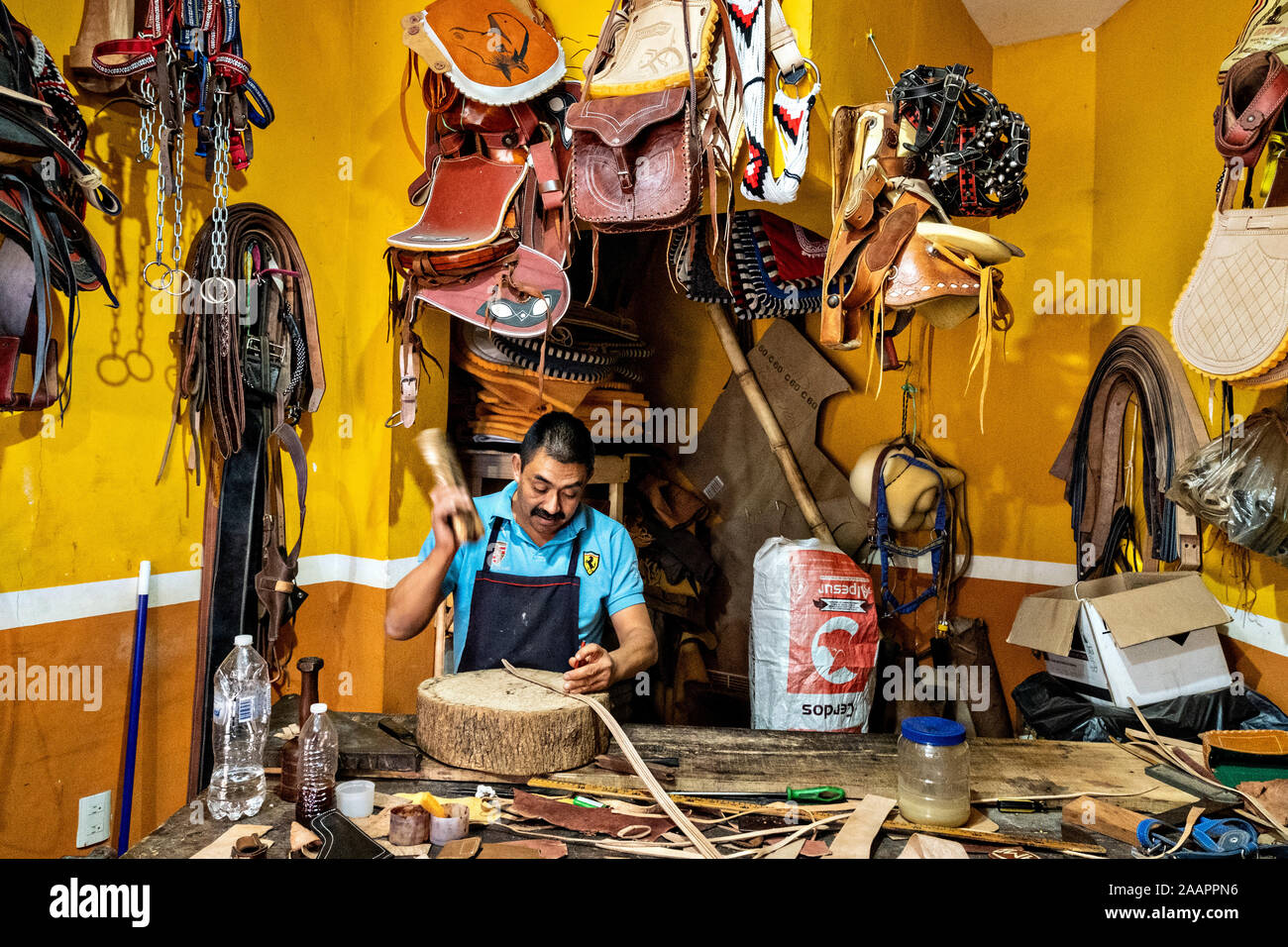 Artisanat sellier selles à son cuir shop à Santiago Tuxtla, Veracruz, Mexique. Banque D'Images