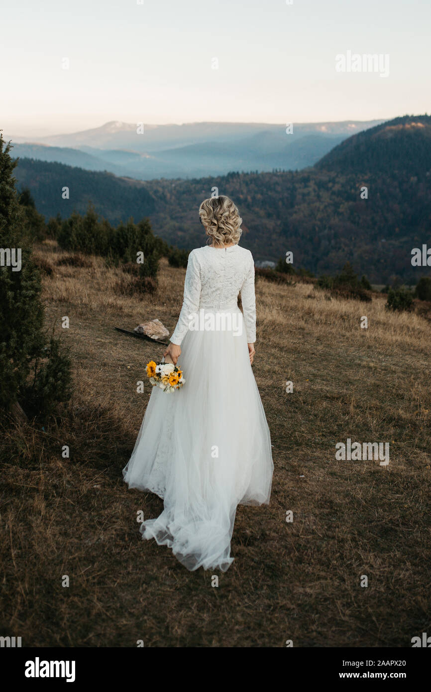 Portrait de La Belle mariée élégante en dentelle robe de mariage avec longue jupe complète et manches longues. Jolie fille en blanc. Nature. Banque D'Images
