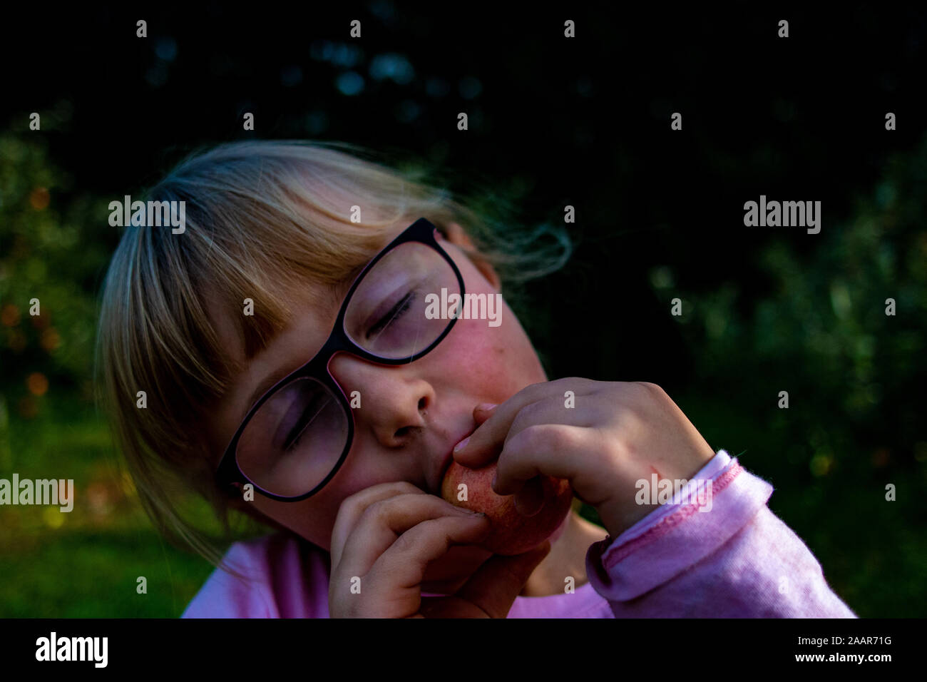 Cute little girl eating apple à la ferme. Vacances d'été à la campagne. Heureux l'enfant sur la nature. Funny kid jouit de l'extérieur au soleil. 24. Organique saine Banque D'Images